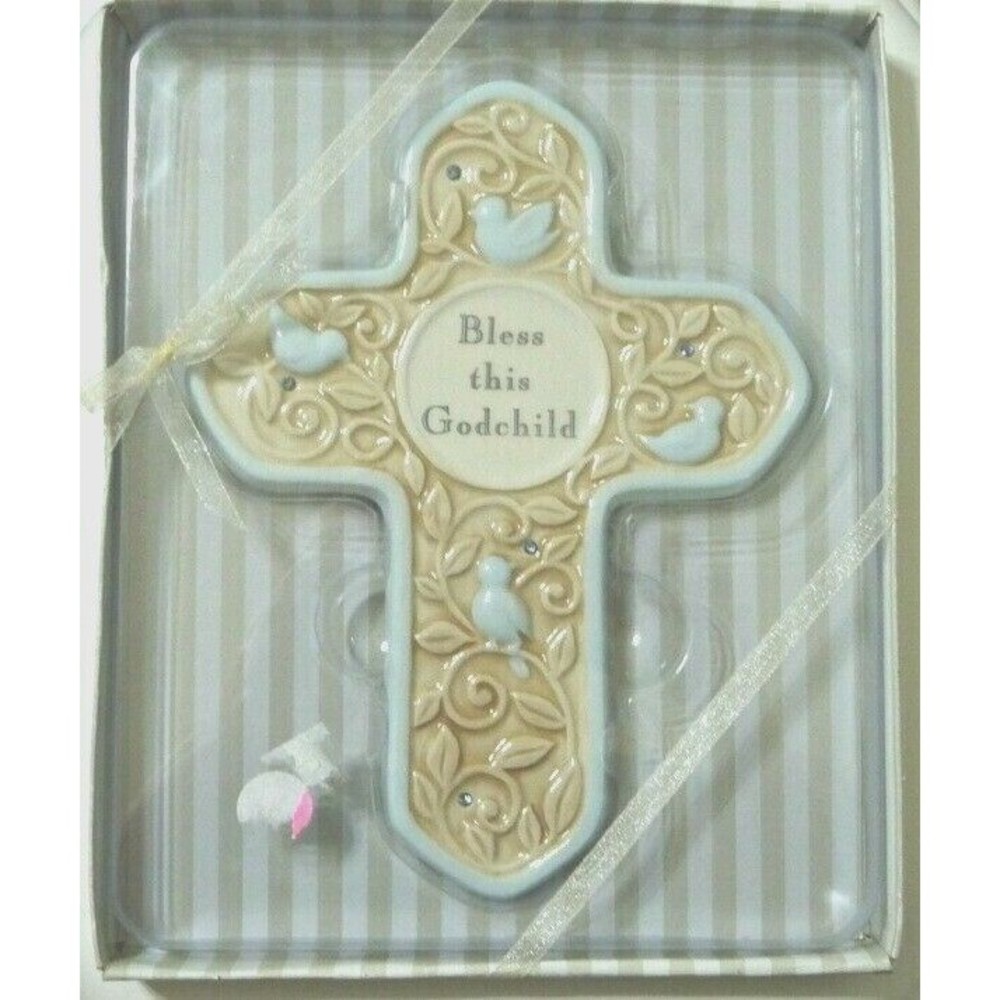 Grasslands Roads Wall Cross "Bless This Godchild" Ceramic Religious Ornate